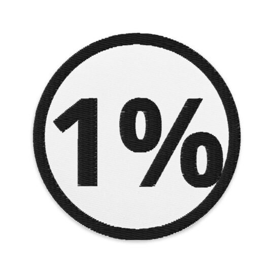 3 inch circle patch with a black outline and white background. With a "1%" in black centered in the patch. denimandpatches