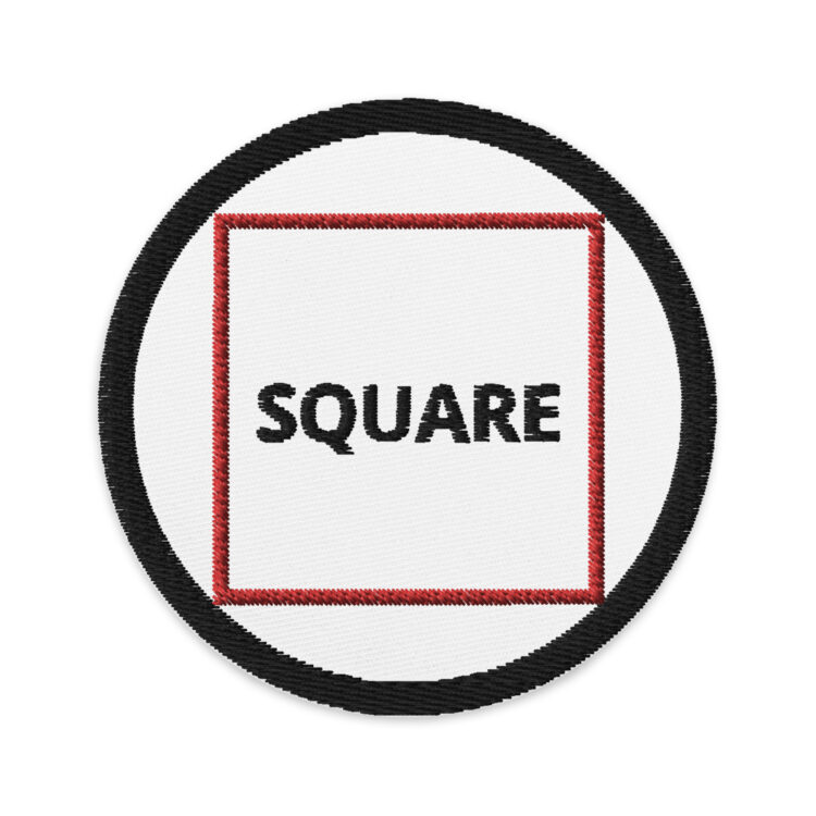 3 inch circle patch with a black outline around a white background. Inside the circle is the outline of a red square as big as the edges of the outline. With the word "square" written in black in the center of the square. denimandpatches