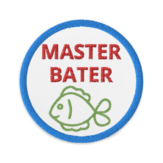 3 inch circle patch with a light blue outline around a white background. With the words "Master Bater" written in red centered above the outline of a fish in green. denimandpatches