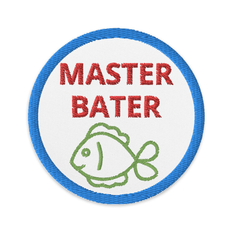 3 inch circle patch with a light blue outline around a white background. With the words "Master Bater" written in red centered above the outline of a fish in green. denimandpatches