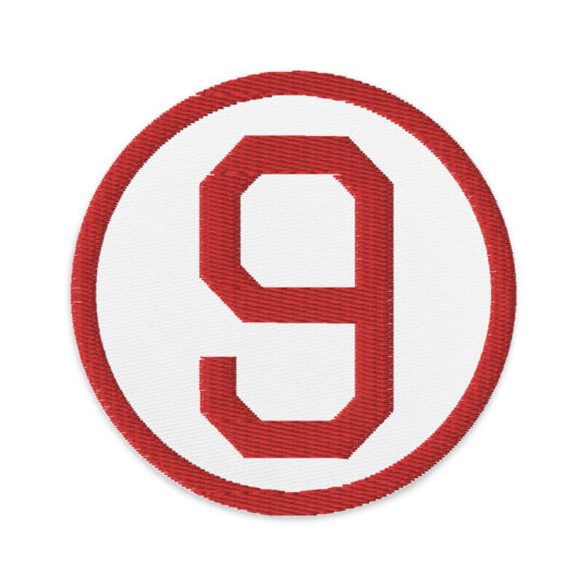3 inch circle patch with a red outline around a white background. With a red "9" written in NHL edge font centered in the patch. denimandpatches
