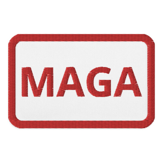 3 inch rectangle shaped patch with a red outline around a white background. With the letters "MAGA" written in a red. denim and patches