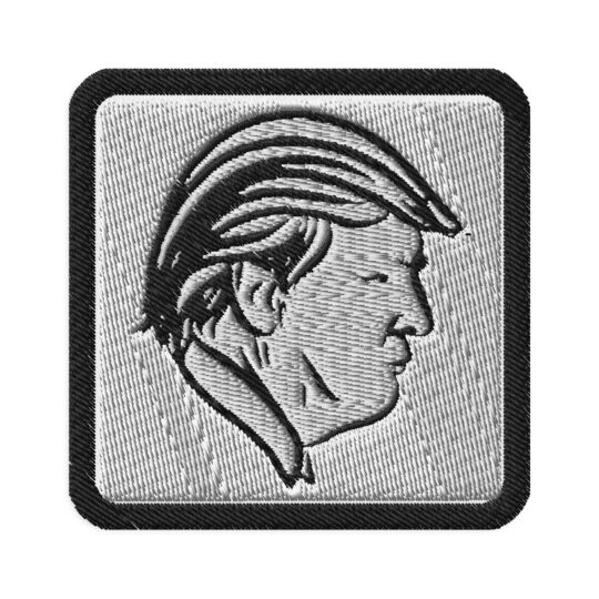 3 inch square patch with a black outline around a grey background with the side profile of Ex-president Donald J. Trump in black centered in the patch. denim and patches