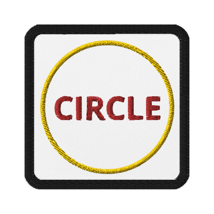 3 inch square patch with a black outline around a white background. With a gold circle inside the square with the word "square" in red centered in the circle. denim and patches